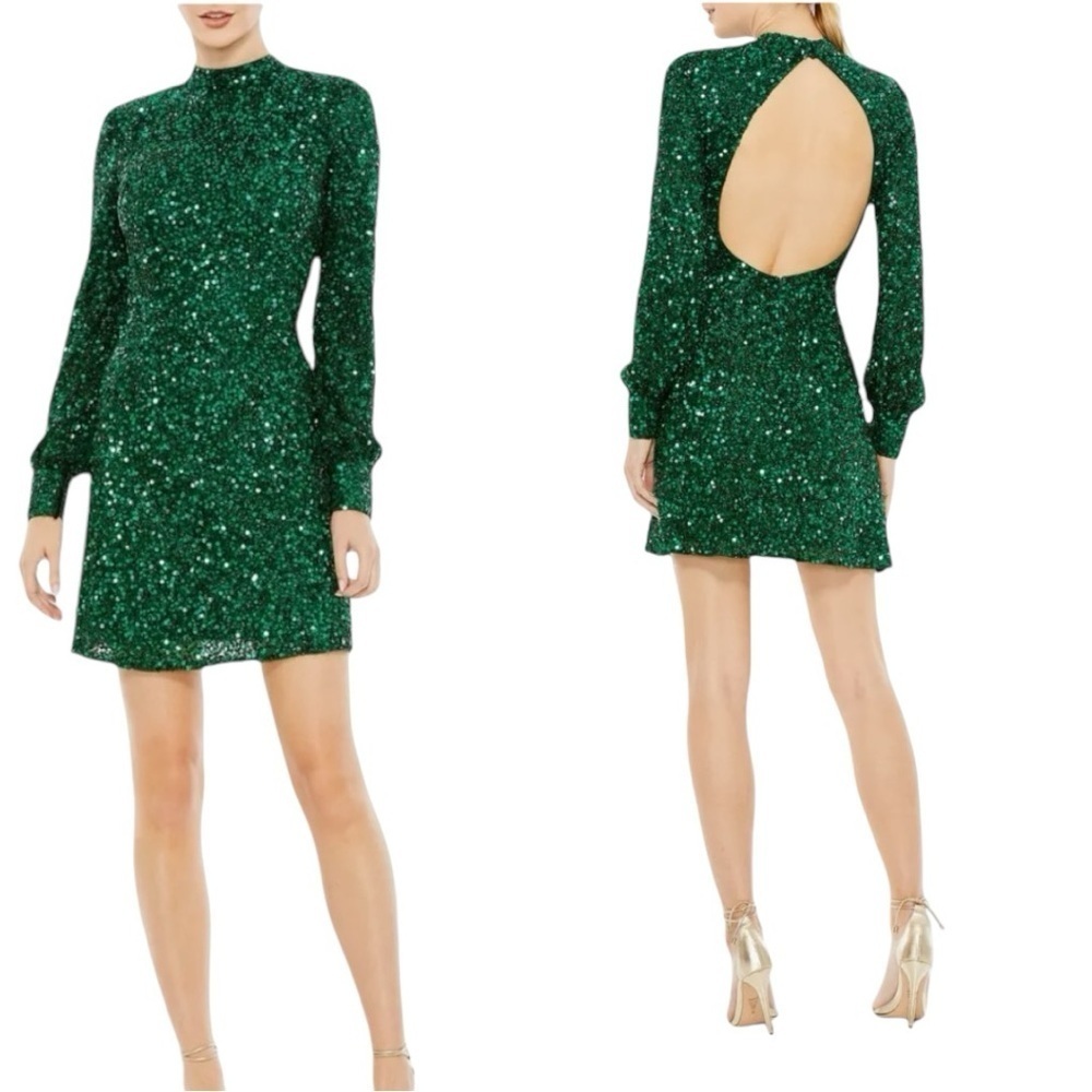 Mac Duggal 5545 Sequin Open Back Bishop Sleeve Mini Dress Emerald Green Size 14